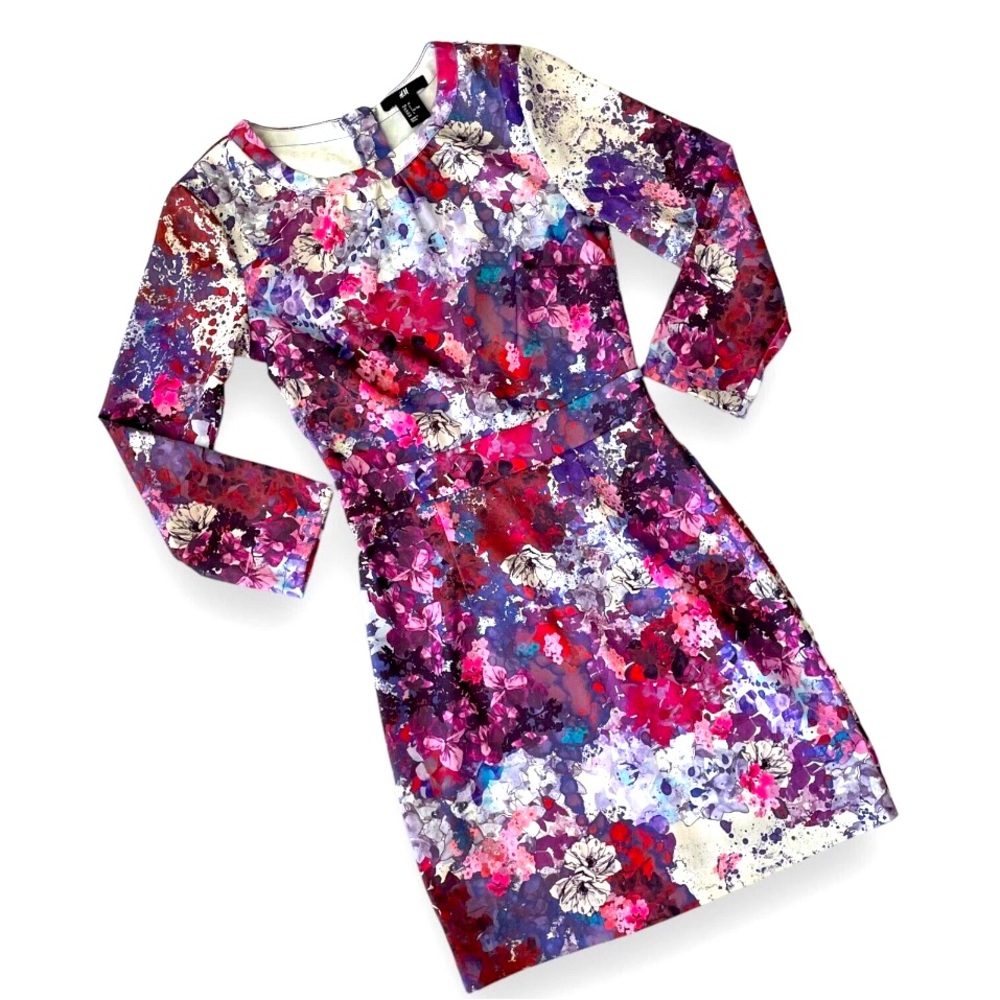 H&M Lana Del Ray Floral Watercolor Dress M/L Multicolor LS Satin Sheath Career